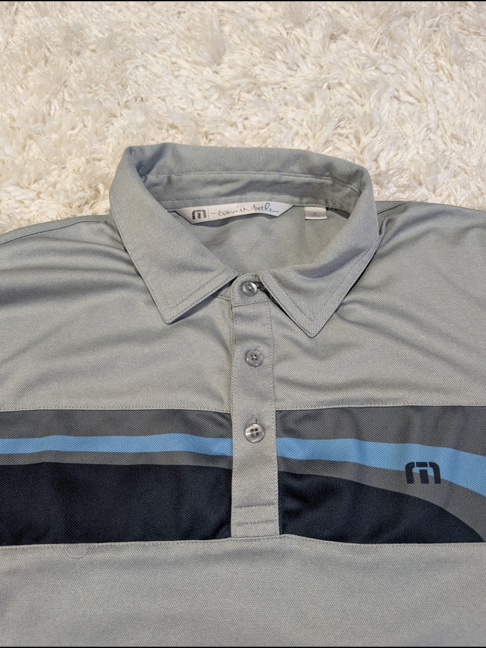 Travis Mathew Gray Polo with Black and Blue Stripes